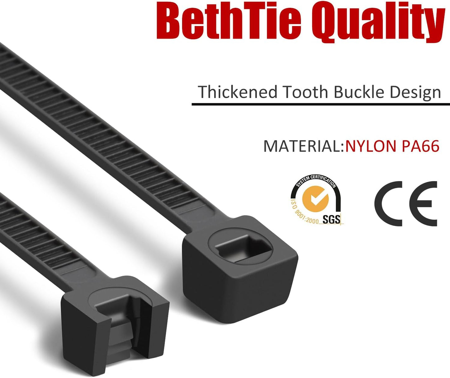 3000 6 Inch, 40 LBS PA66 BethTie PCS Black Zip Ties Tensile Strength, Self-Locking Nylon UV Resistant Cable Ties