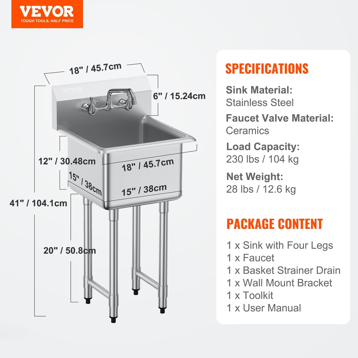 VEVOR Stainless Steel Prep & Utility Sink, 1 Compartment Free Standing Small Sink Include Faucet & legs,commercial Single Bowl Sinks for Garage, Restaurant, Kitchen, Laundry