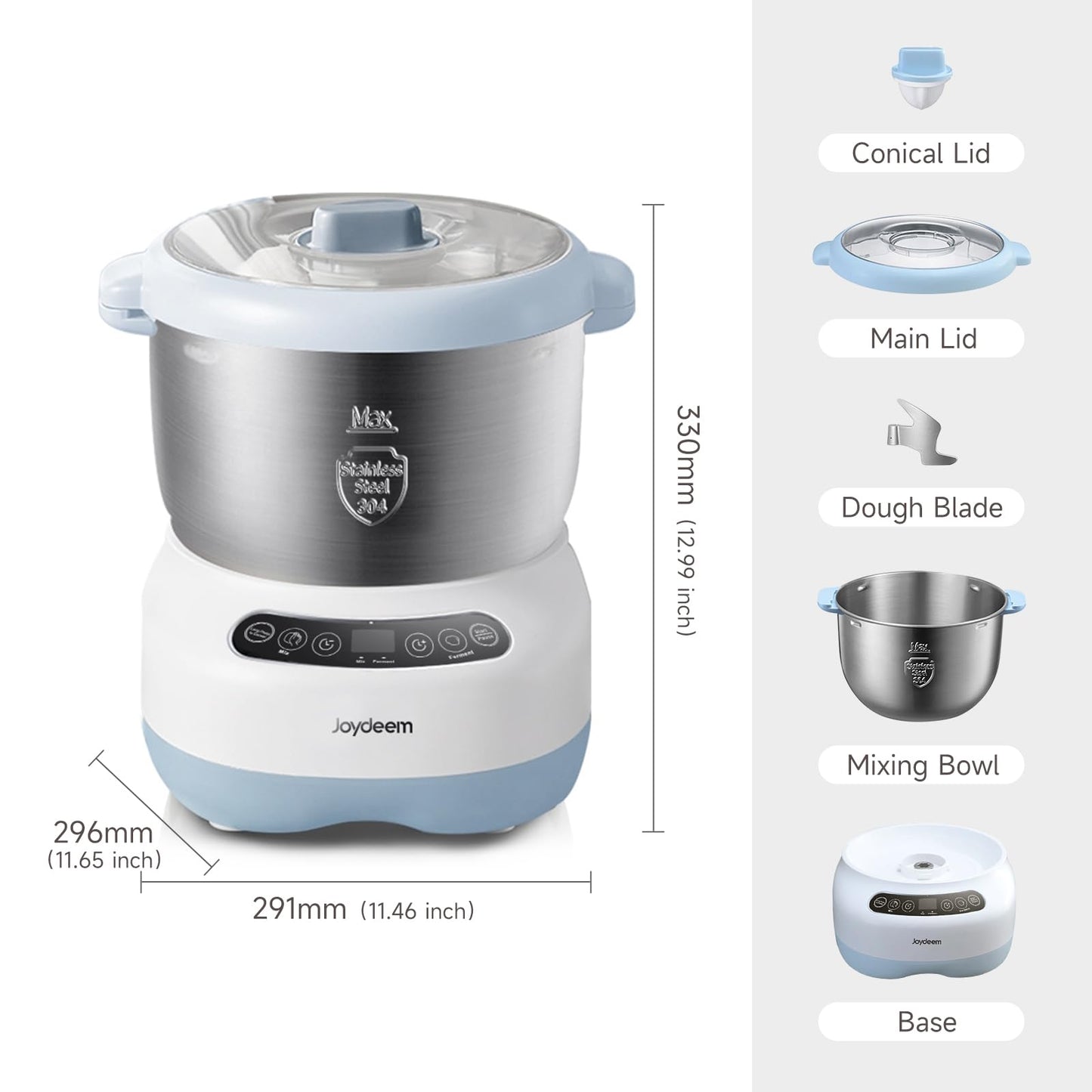Joydeem Electric Dough Maker with Ferment Function, Microcomputer Timing, Face-up Touch Panel, 7.4Qt, 304 Stainless Steel, JD-HMJ7L