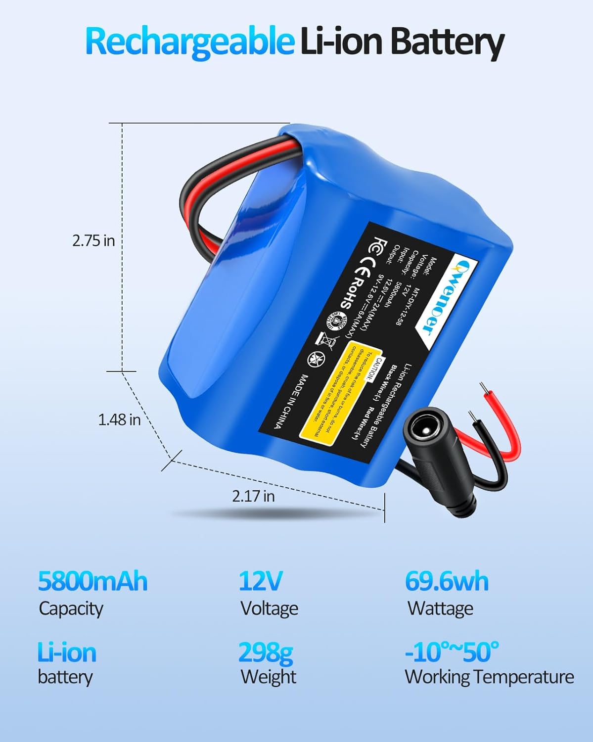 Qwenoer 5800mAh 12V 12V Pack 12 12Volt 12 Lithium Battery, Battery with Volt Battery Charger and Bare Leads Wire
