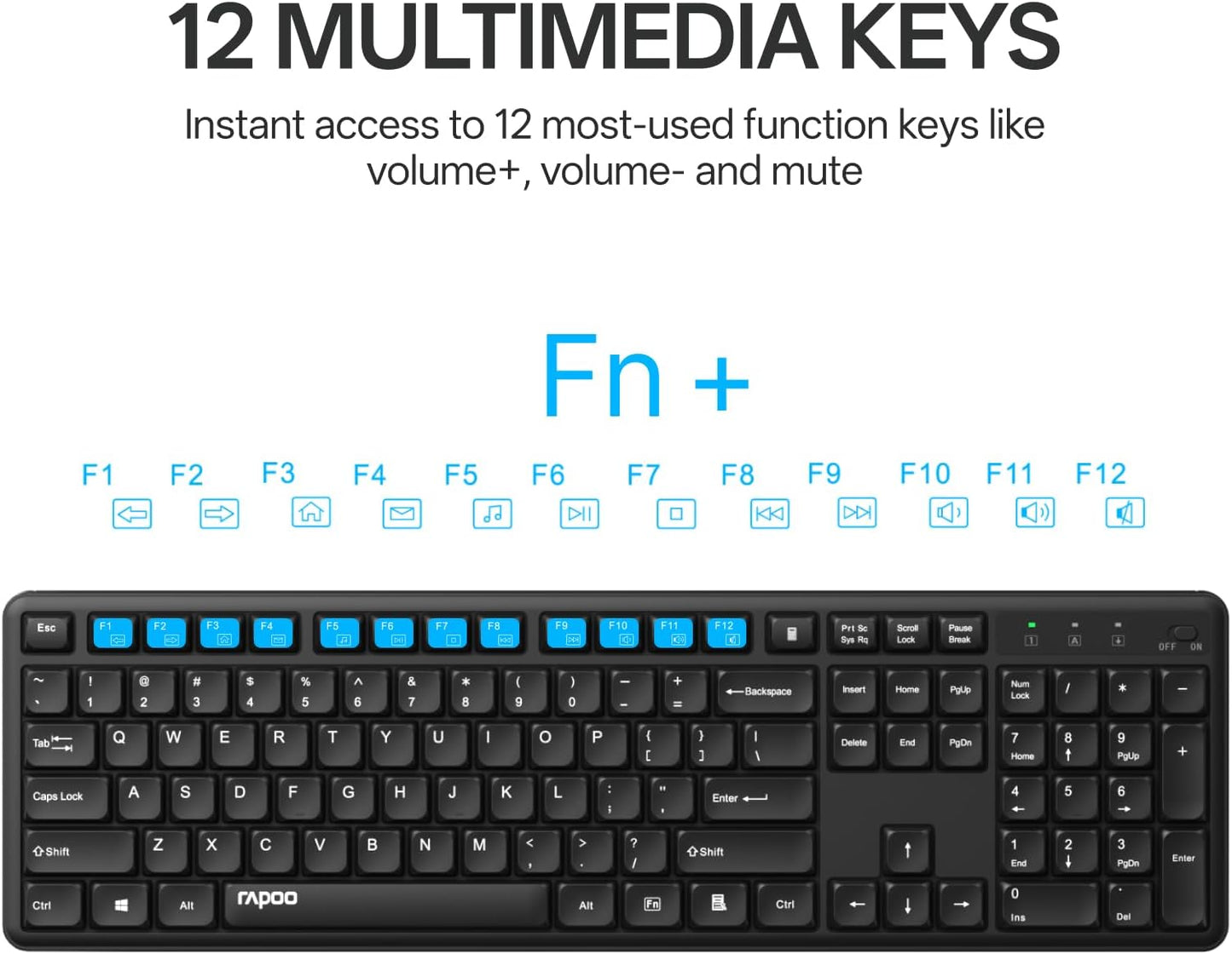 Rapoo X2100 2.4GHz 12 Quiet Wireless Keyboard and Mouse Combo, USB Receiver, Multimedia Keys, Spill-Proof, Full-Sized