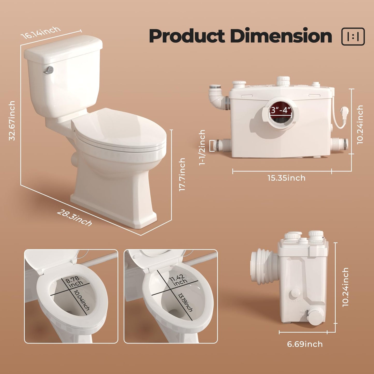 800W Macerating Toilet System, HIGH POWER Upflush Toilet with Grinder Pump for Basement, 4 Inlets for Kitchen/Laundry/Shower/Sink, 36ft Head Lift, Elongated Tall Toilet, Extension Pipes for Hiden Pump