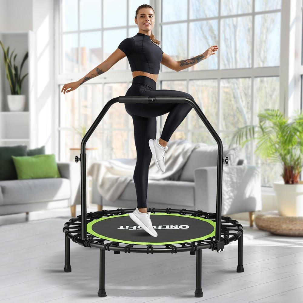 ONETWOFIT Foldable Rebounder Trampoline for Adults, 40/42/45” Mini Fitness Trampoline W/Adjustable Foam Handle Bungees, Quiet Exercise Trampoline for Personal Indoor Workout (45IN-with Handle)