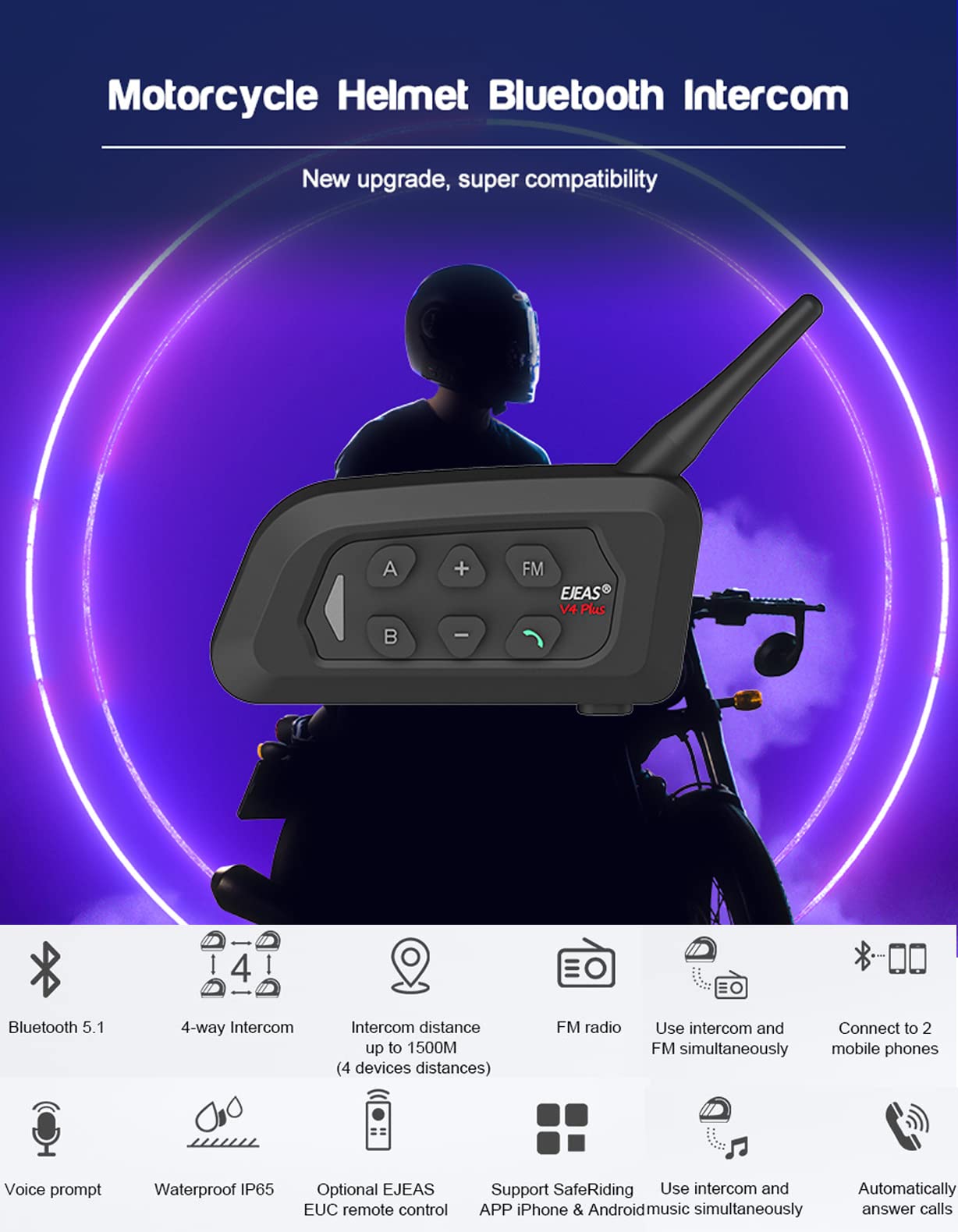 GaiRen V4 Plus Motorcycle Bluetooth Helmet Intercom Headset, 4 Rides Group Communication System for Motorcycling Soccer Referees Skiing ATV/Off Road (4 Pack)