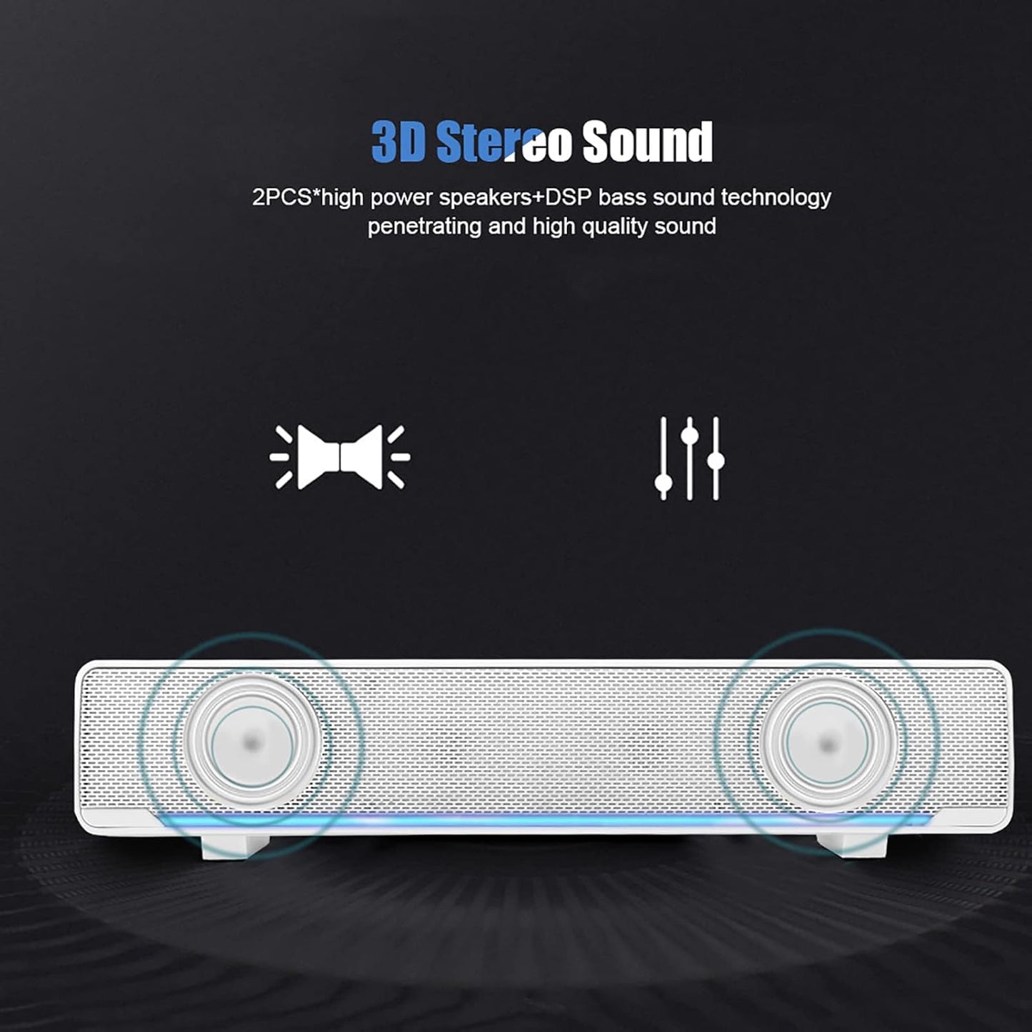 Beufee V-196 3.5mm 2.0 Computer Sound Bar, White USB Powered Input Channel Stereo Soundbar with Volume Knob and Blue