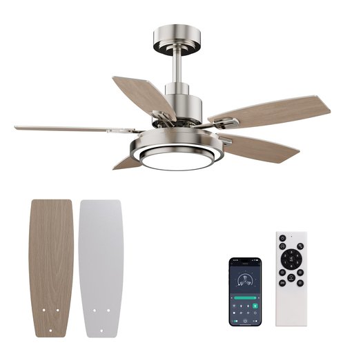 Ceiling Fans with Lights and Remote Control, 42 Inch Flush Mount Ceiling Fan with Quiet Reversible DC Motor, Dimmable LED Lighting, 6 Speeds, Timer, Nickel Ceiling Fan for Bedroom Living Room