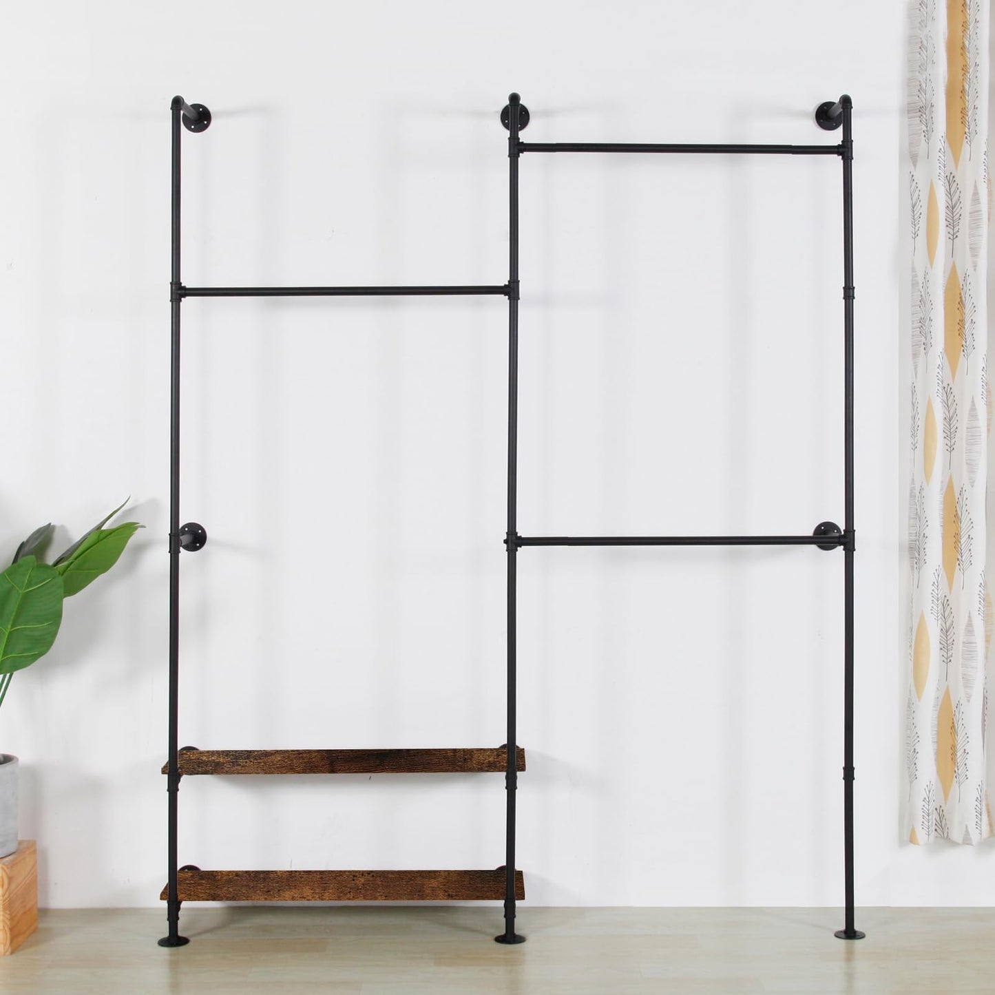 EDCB Industrial Pipe Clothing Rack Wall Mounted - Heavy Duty Wood Shelves Garment Display for Bedroom/Retail Stores, Steampunk Clothes Hanger Organizer, Black(91.7X74.8inch)