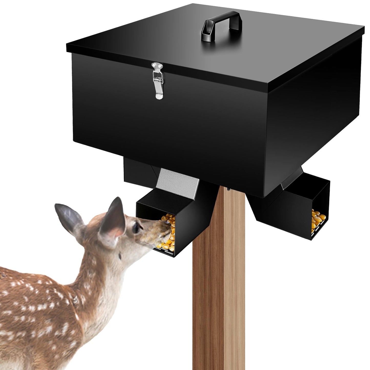 RYFT Portable 80LB Gravity Deer Feeder, Heavy Duty Galvanized Steel Wildlife Feeder with 4 Feeding Ports, Weatherproof Lockable Lid for Hunting, Backyard & Outdoor Game