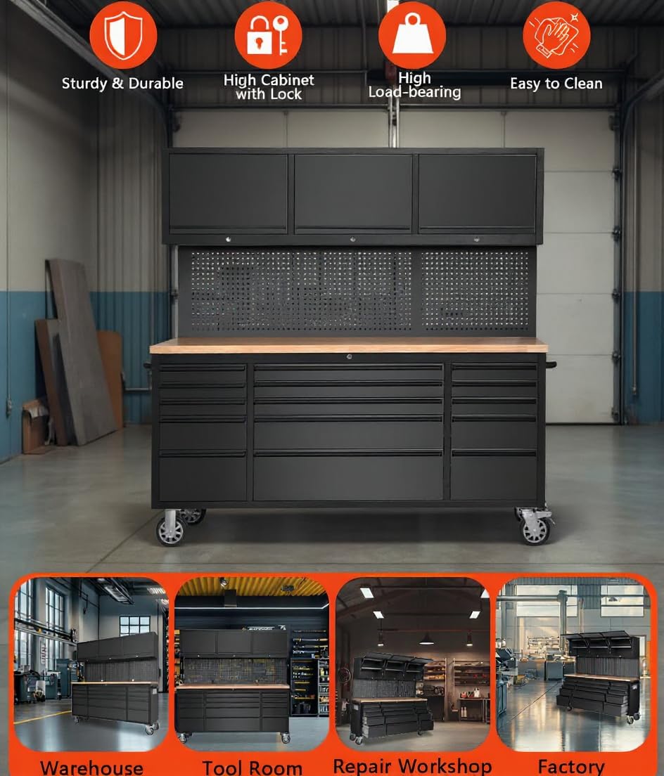 MERXENG 72-inch Rolling Tool Chest Cabinet Garage Workbench with 15 Storage Drawers and Wheels, 3 Upper Cabinet, Pegboard, Steel Large Tool Box for Garage Workshop, Matte Black