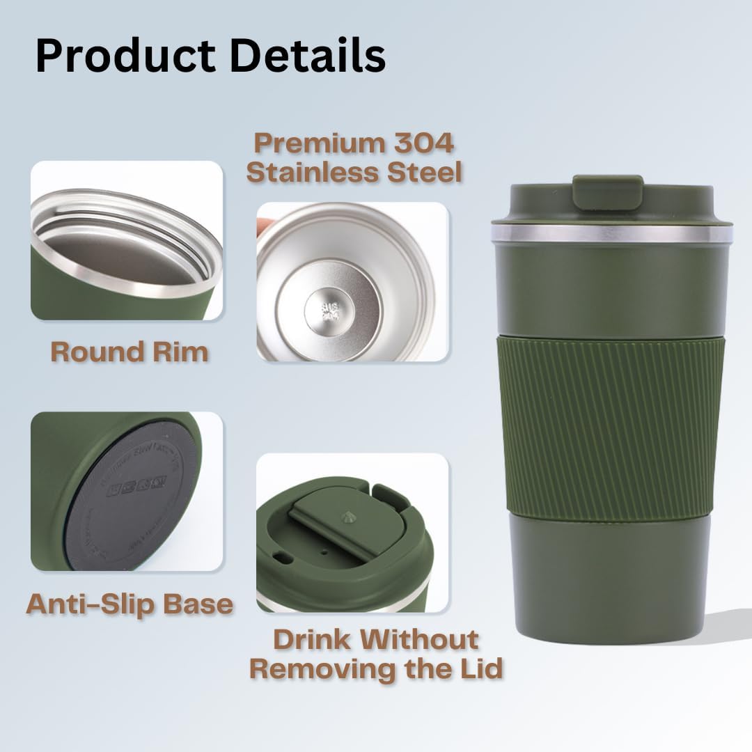 Skiennix Insulated Stainless Steel Coffee Tumbler - Reusable Travel Mug, BPA Free, 17 oz, Olive