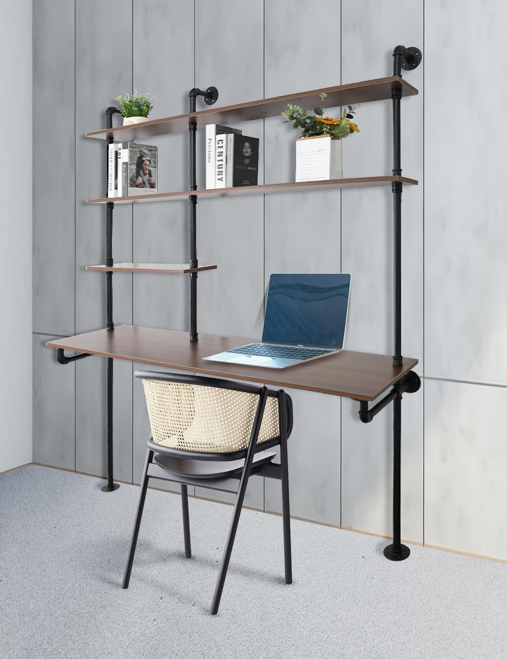 OLDRAINBOW Industrial Pipe Computer Desk with Shelves,Wall Mounted Laptop Desks for Small Spaces,59 inch Bookshelf Narrow Writing Desk with Floating Shelves