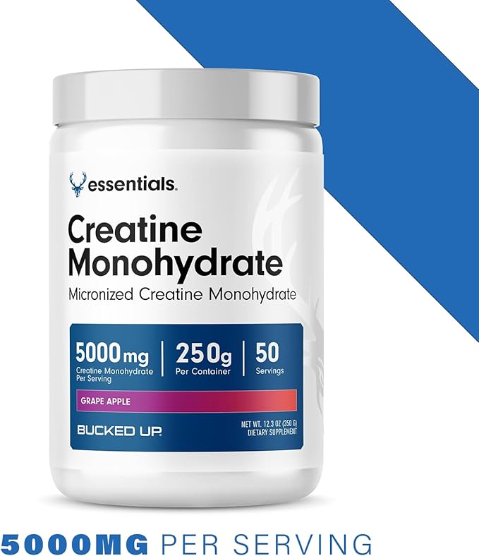 Bucked Up Grape Apple Creatine for Women and Men - Easy to Mix Vegetarian - Flavored Creatine Monohydrate Powder - Made in USA - 5G Per Serving - 50 Servings - 250 Grams Per Container