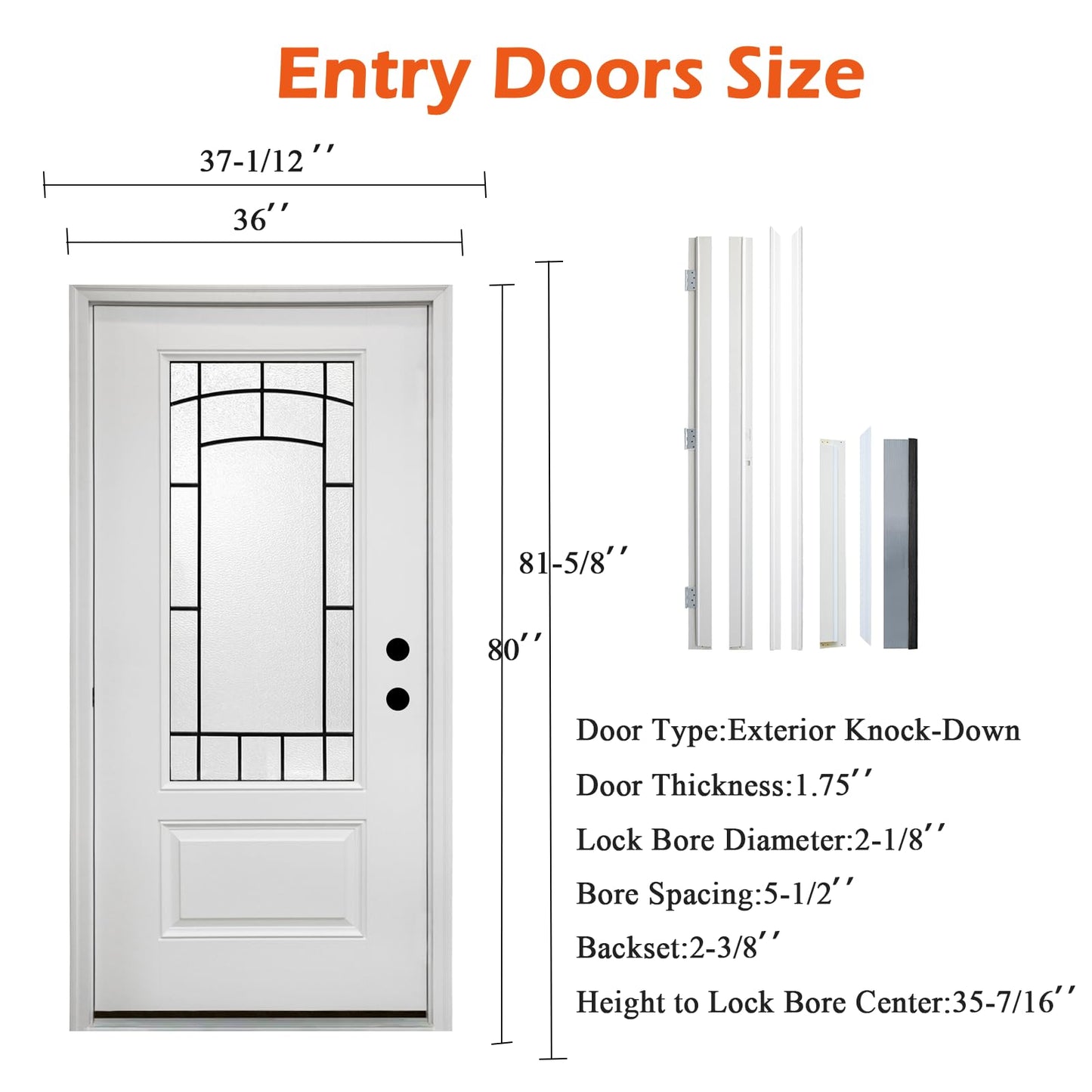 36‘’ x 80‘’ White Fiberglass Entry Door with Frosted Glass, Front Door with White Vinyl Frame and Brickmould, Left Inswing Exterior Door for Residential Entrance
