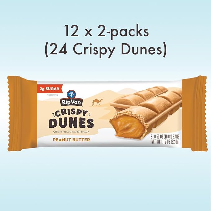 Crispy Dunes Peanut Butter Wafer Sticks ??Low-Calorie Snack with Peanut Butter Cream Filling, 90 Calories, Non-GMO, Prebiotic Fiber - 12 Pack