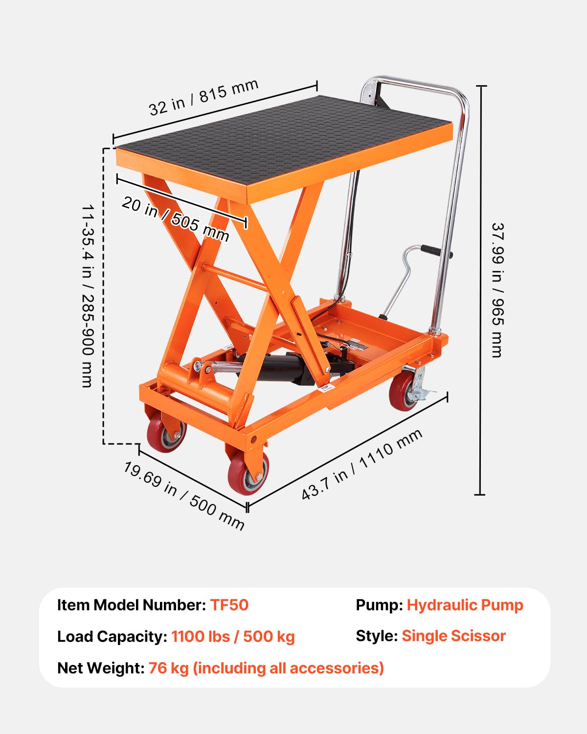 VEVOR 1100 LBS Hydraulic Lift Table Cart with 11"-35.4" Lift Range, Hydraulic Scissor Cart with Non-Slip Pad & 4 Wheels, Manual Single Scissor Lift for Material Handling and Transportation