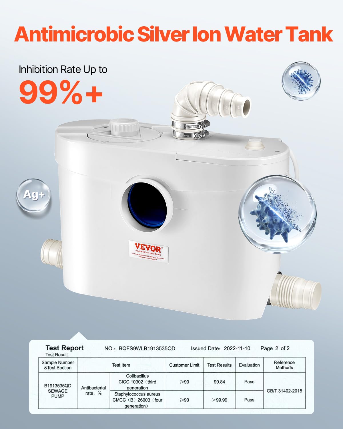 VEVOR 900W Macerator Pump, 48 GPM Flow, 40 ft/12 m Head, Macerator Sewerage Toilet Pump with 4 Water Inlets, Waste Water Disposal Upflush Machine for Toilet, Basement, Shower, Sink, Laundry, Bathtub