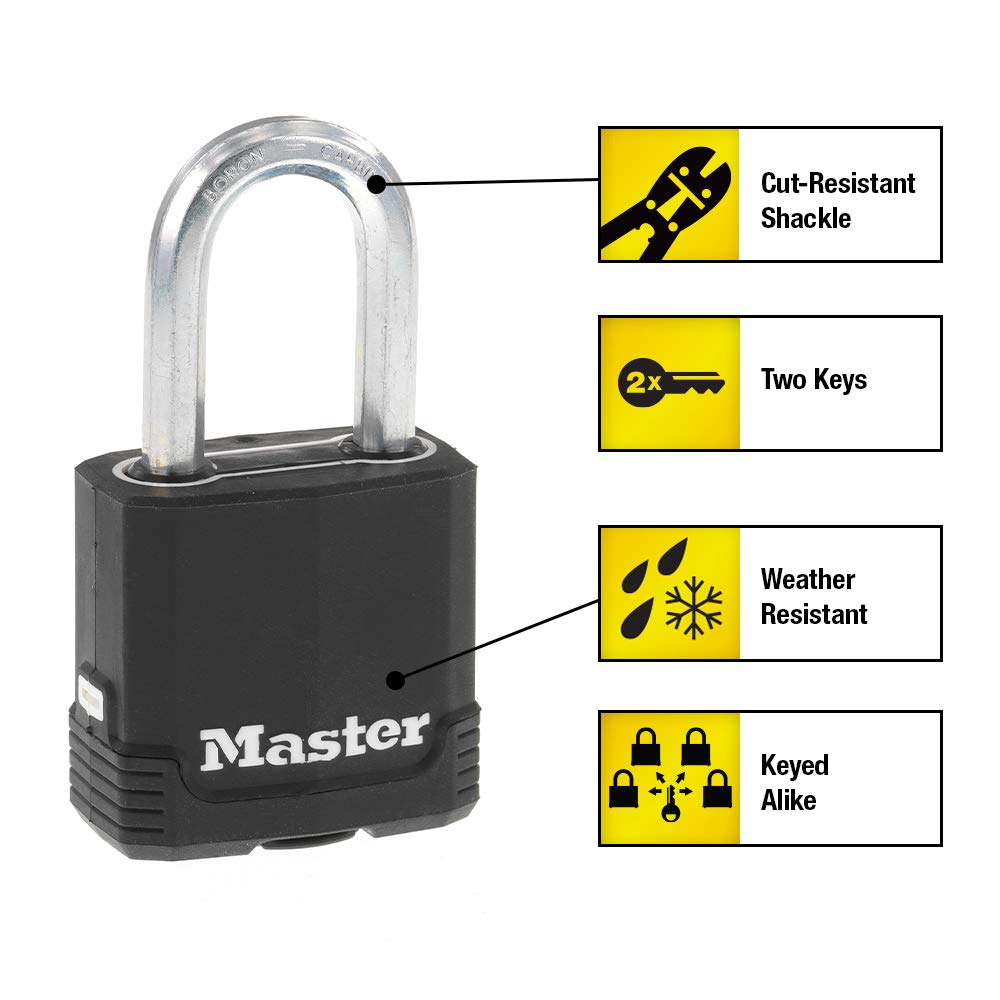 Master Lock Black Key Lock, Heavy Duty Weather Resistant Padlock with Cover, Keyed Alike Padlocks for Outdoor Use, 4 Pack, M115XQLF