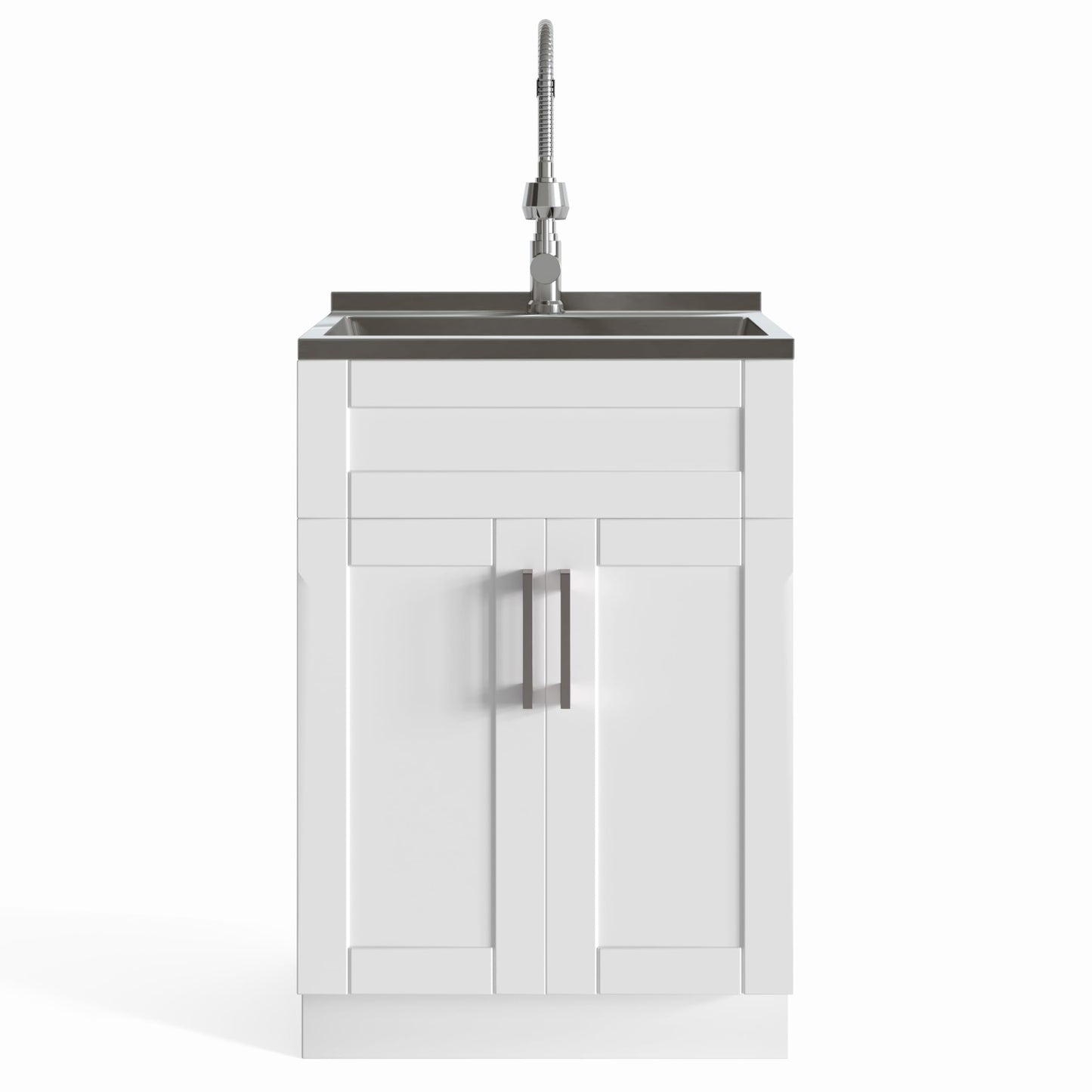 SIMPLIHOME Hennessy All-in-One 24 inch Wide Utility Sink and Laundry Cabinet in Pure White Finish, Transitional Stainless Steel Sink Cabinet for Laundry Rooms with High-Arch Chrome Faucet and Storage