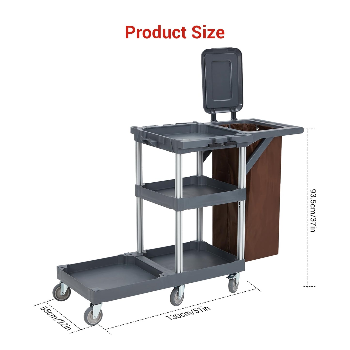 Commercial Traditional Janitorial 3-Shelf Cleaning Cart On Wheels with Cover and Vinyl Bag, Custodial Cart, Housekeeping Carts for Hotels, Stores, Schools, and Business