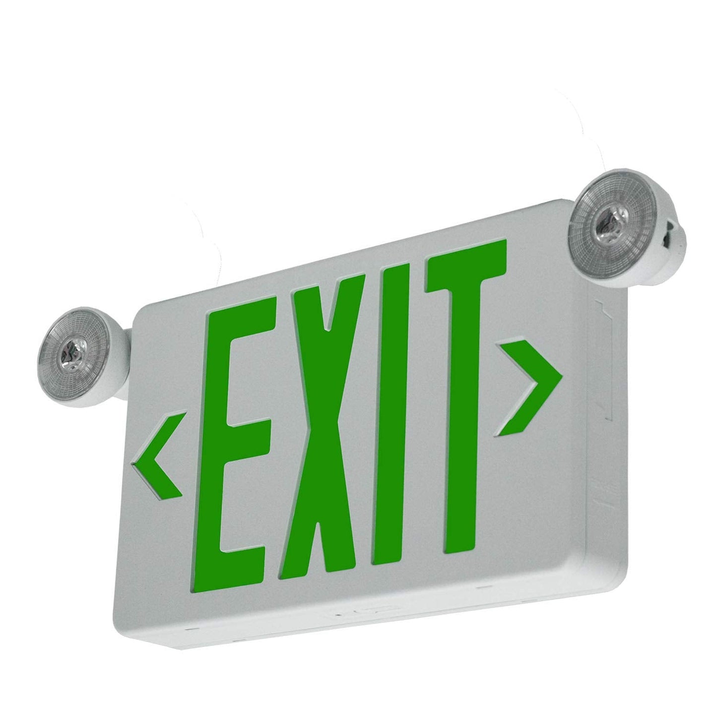 LFI Lights | Compact Combo Green LED Exit Sign w/Emergency Lights | White Housing | 2 Adjustable Heads | Hardwired w/Battery Backup | UL Listed | COMBOC-G-W-BB