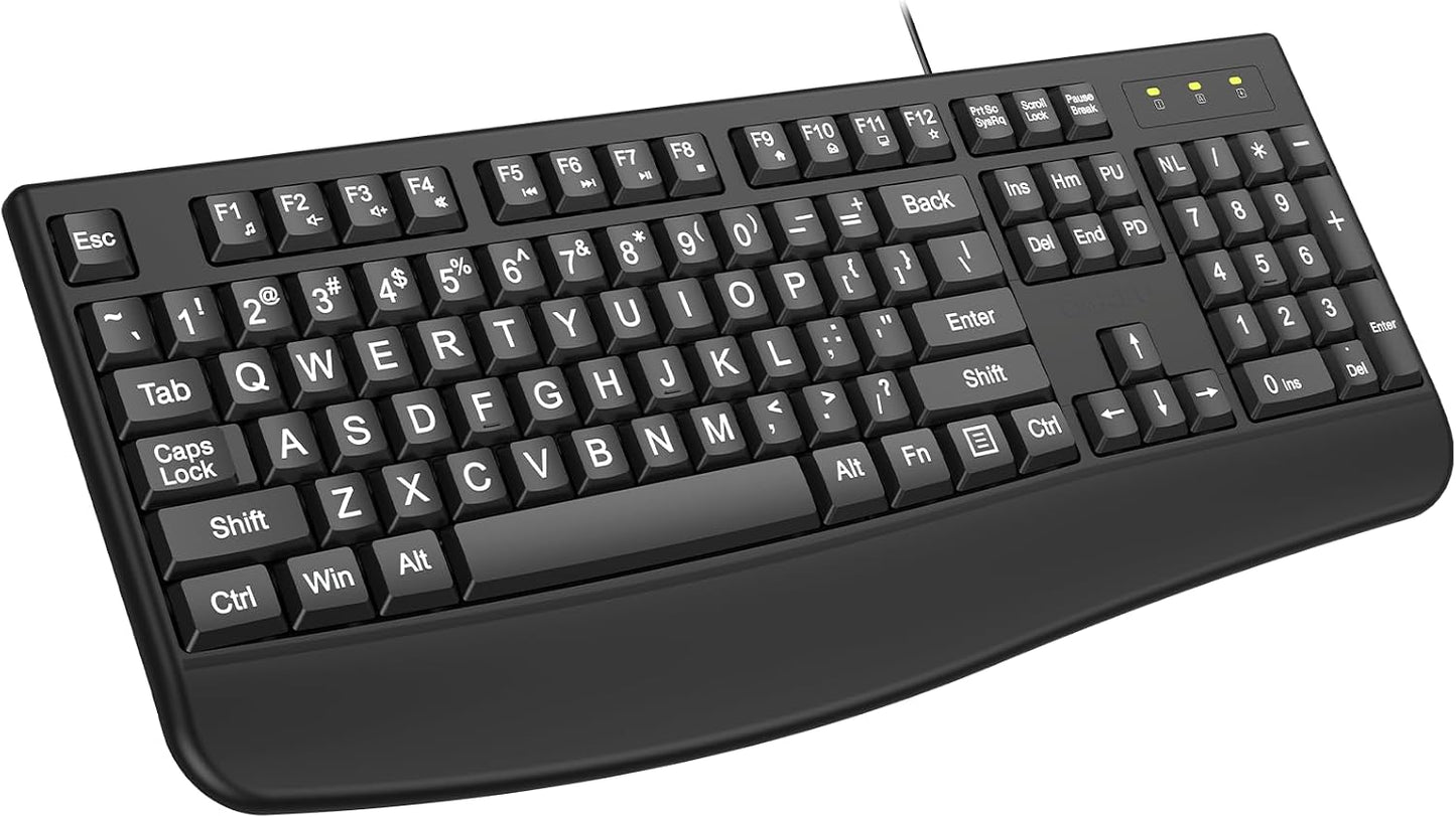QUASIO 4X Large Print Ergonomic Keyboard, Full Size Keyboard with Wrist Rest, Silent Wired USB Computer Keyboard