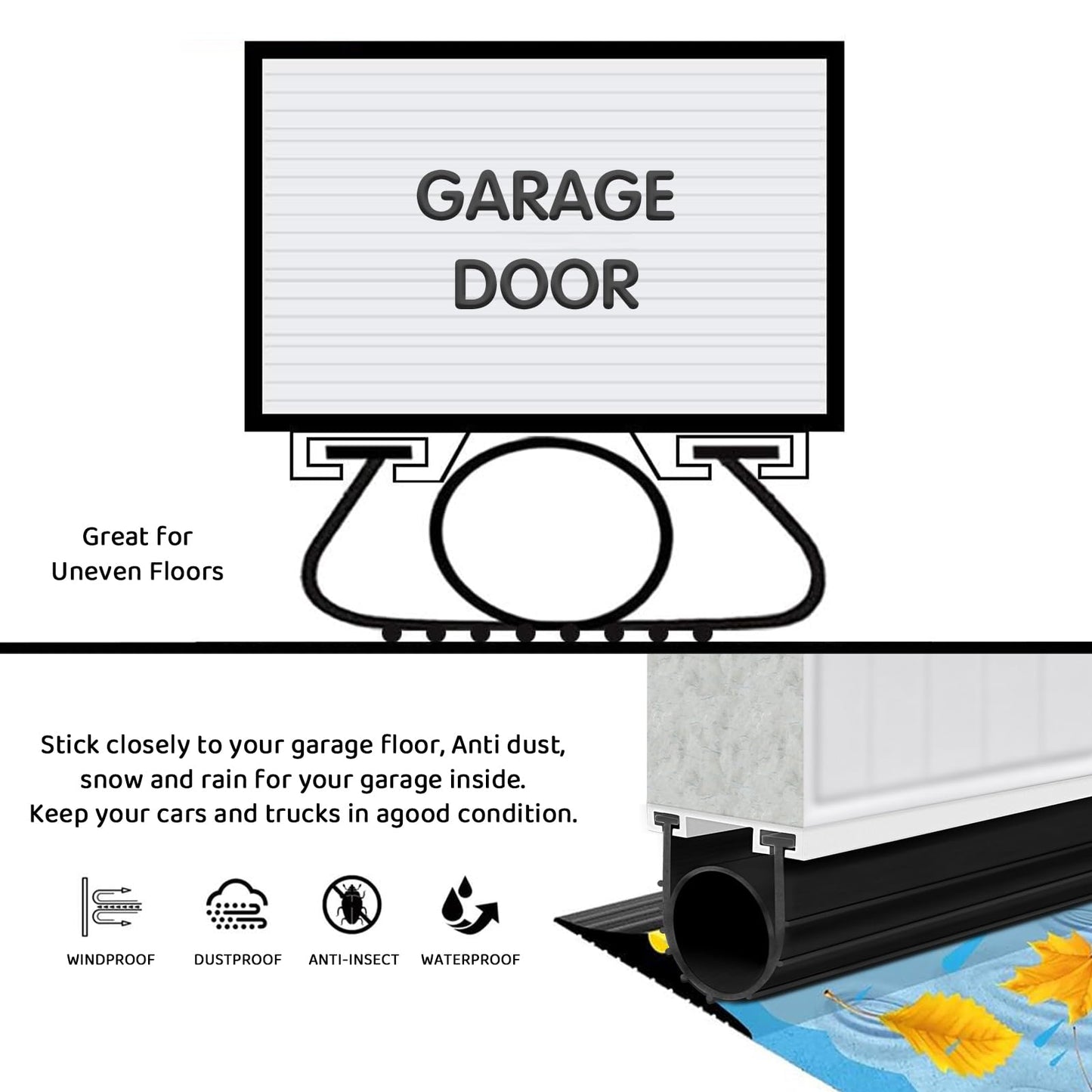 Garage Door Seals Bottom Rubber with Pre-drilled Aluminum Track Retainer Base Kit,Heavy-Duty U Shape + O Ring Combination Weather Stripping Sesl Kit for Garage Door (Black, 16Ft)