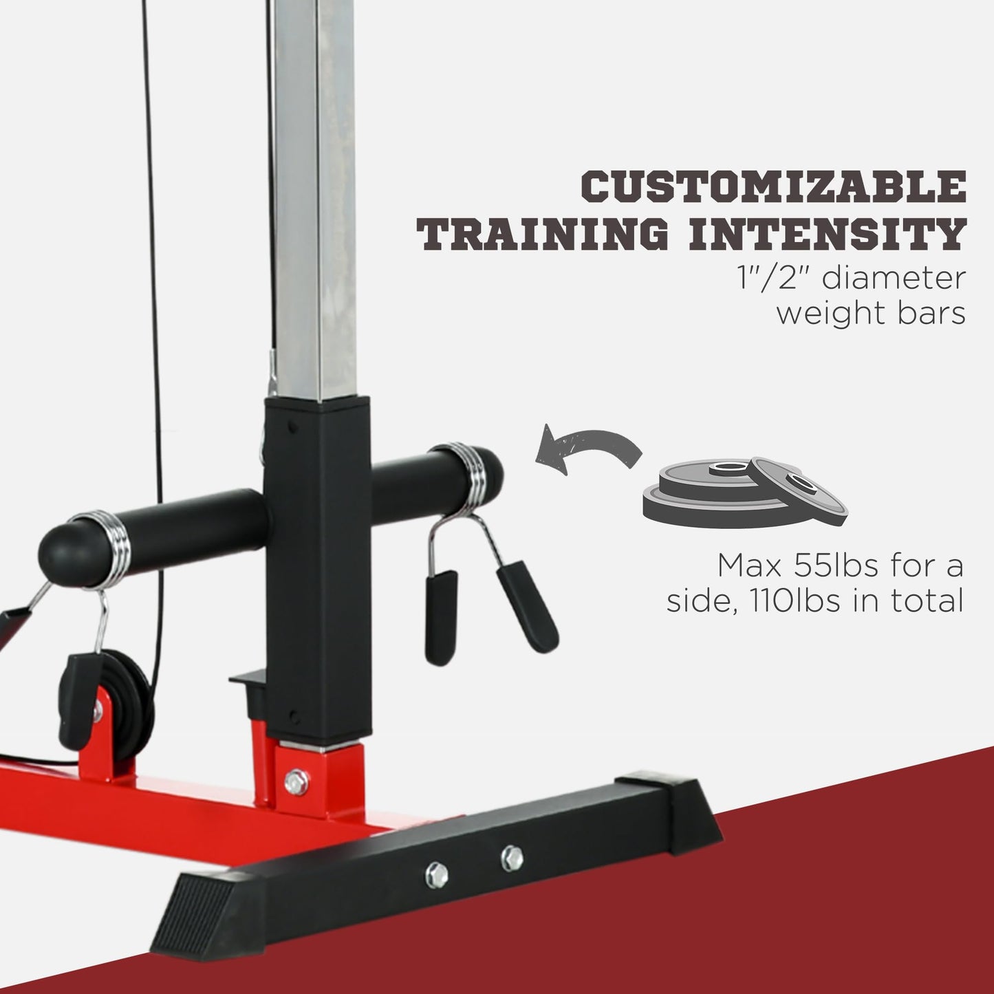 Soozier Cable Machine, LAT Machine with High and Low Pulley Stations, Cable Row Machine with Adjustable Seat and Flip-Up Footplate, for Home Gym, Black and Red