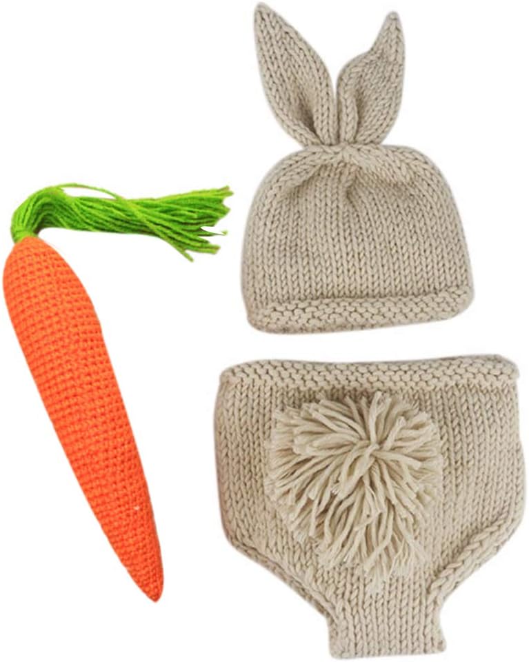 1st IDOPIP Newborn Baby Easter Bunny Photography Props Costume Boy Girl Crochet Knit Rabbit Hat Diaper Carrot Birthday