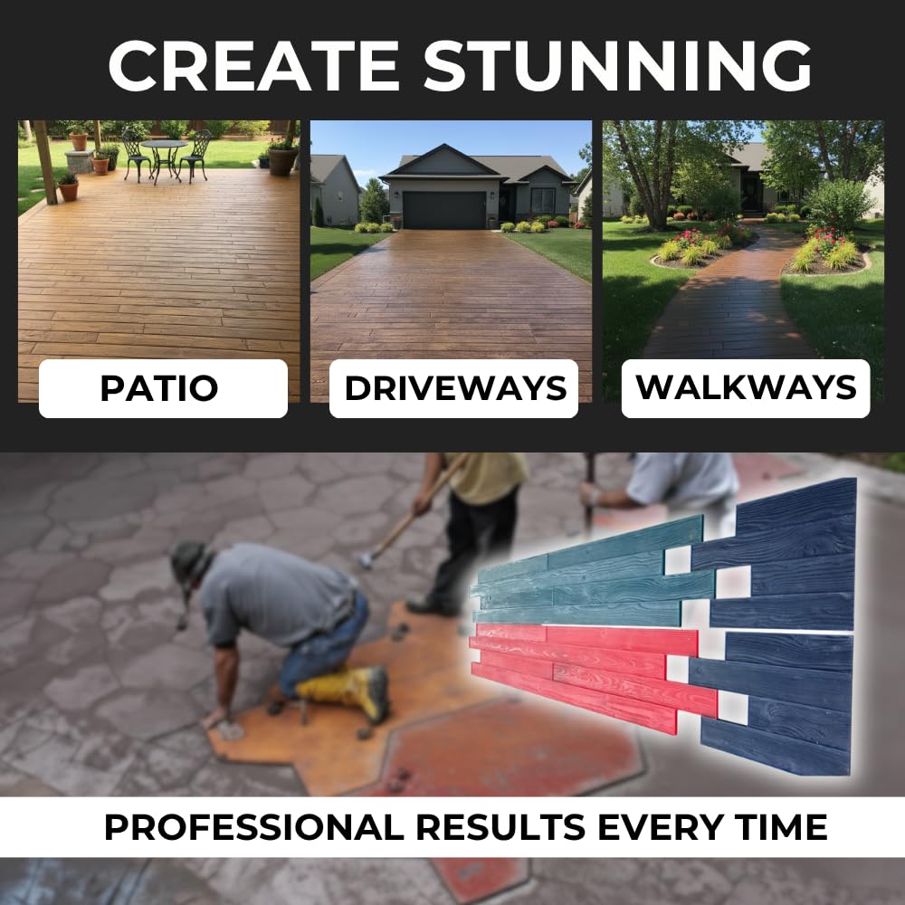 Wood Grain Stamp Mat Set of 4 – Realistic Texture Stamping Mats for Concrete Floors, Patios, and Driveways – Durable Rigid & Flex Mats – 3 1/2" Wood Planks