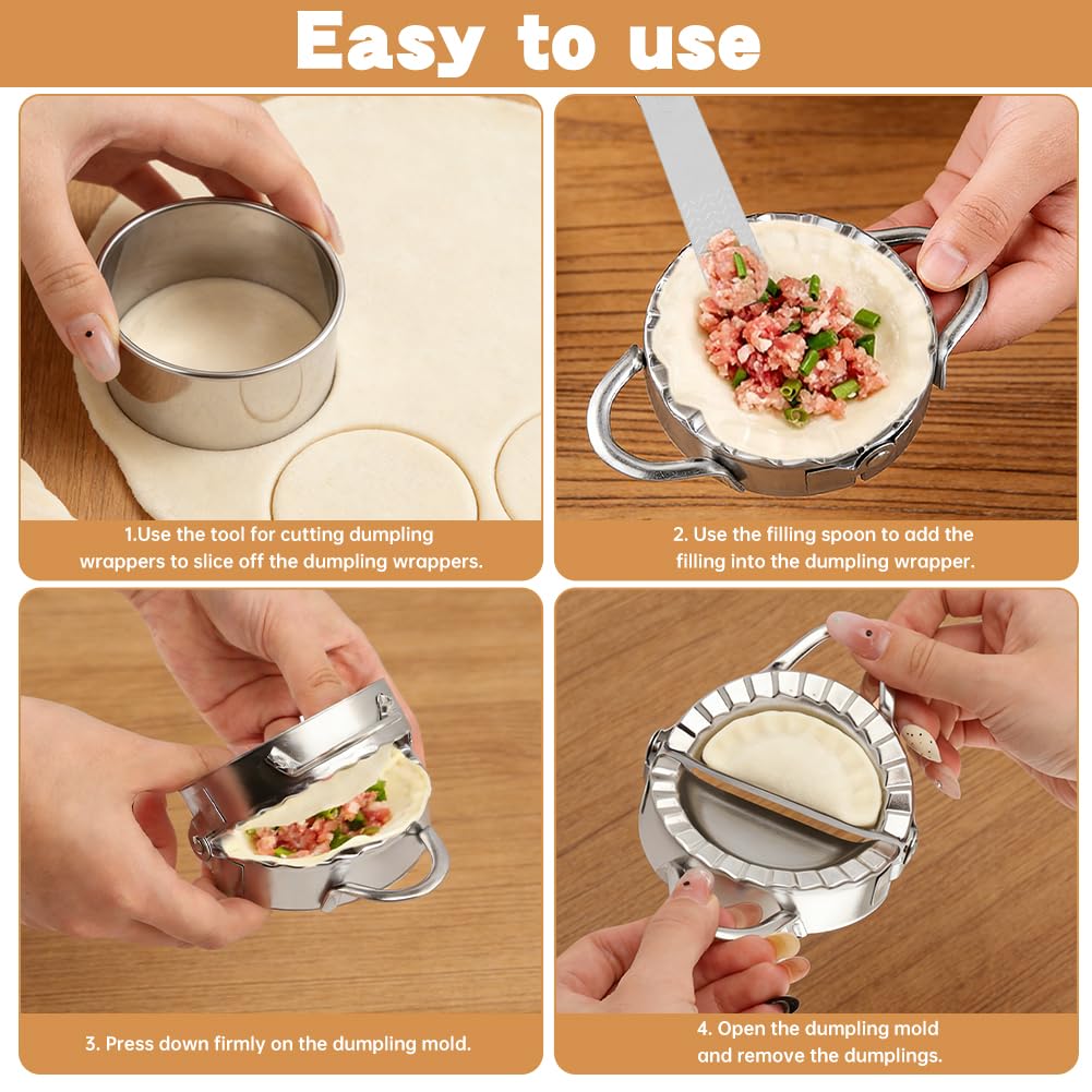 Stainless Steel Dumpling Maker Set, 3 Dumpling Maker Press + 3 Dough Cutter + 1 Stuffing Scoop +1 Rolling Pin, Easy tool for Dumpling-Wrapper Dough Stamp Cutter Pastry Pie Making(COLOR:Silver)