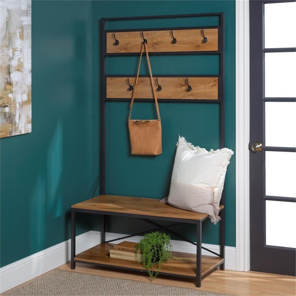 Walker Edison August Modern Farmhouse X Back Hall Tree with Bench, 72 Inch, Barnwood