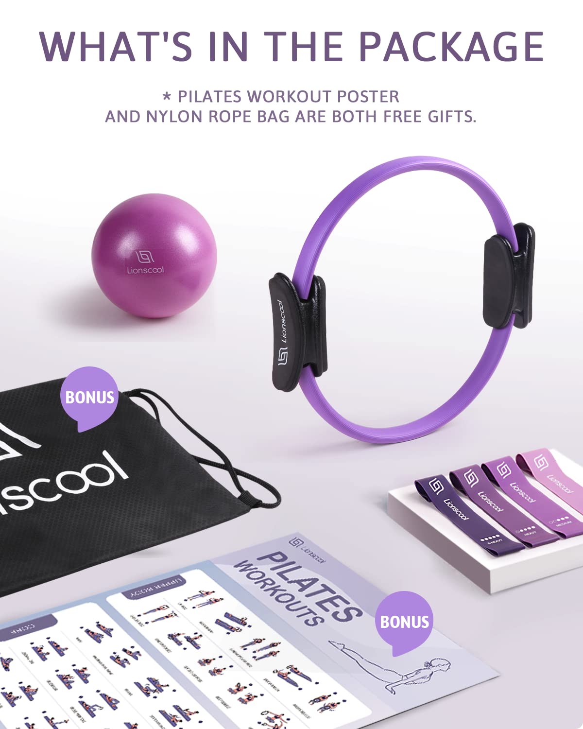 LIONSCOOL Pilates Ring Set (Purple) - 14" Anti-Deformation Magic Circle with Padded Handles, 9" Mini Ball, Elastic Latex Resistance Bands, Guide & Bag