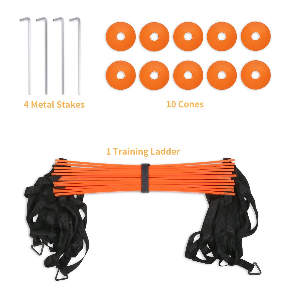 YISSVIC Agility Ladder and Cones 20 Feet 12 Adjustable Rungs Fitness Speed Training Equipment,1 Carry Bags, 10 Cones, 4 Stakes, Basketball, Soccer (20 feet Orange)