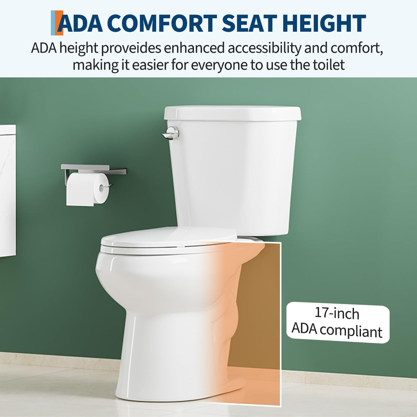 Two Piece Toilet with 17" ADA Height, Elongated Ceramic Bowl and Locking PP Lid - Side Push Handle, CUPC Certified, Water Efficient 1.28 GPF