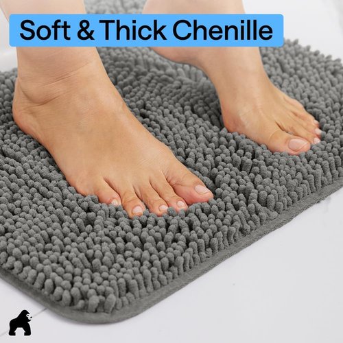 GORILLA GRIP Bath Rug Mat - Soft Absorbent Chenille | Quick-Dry Microfiber, 60x17, Charcoal