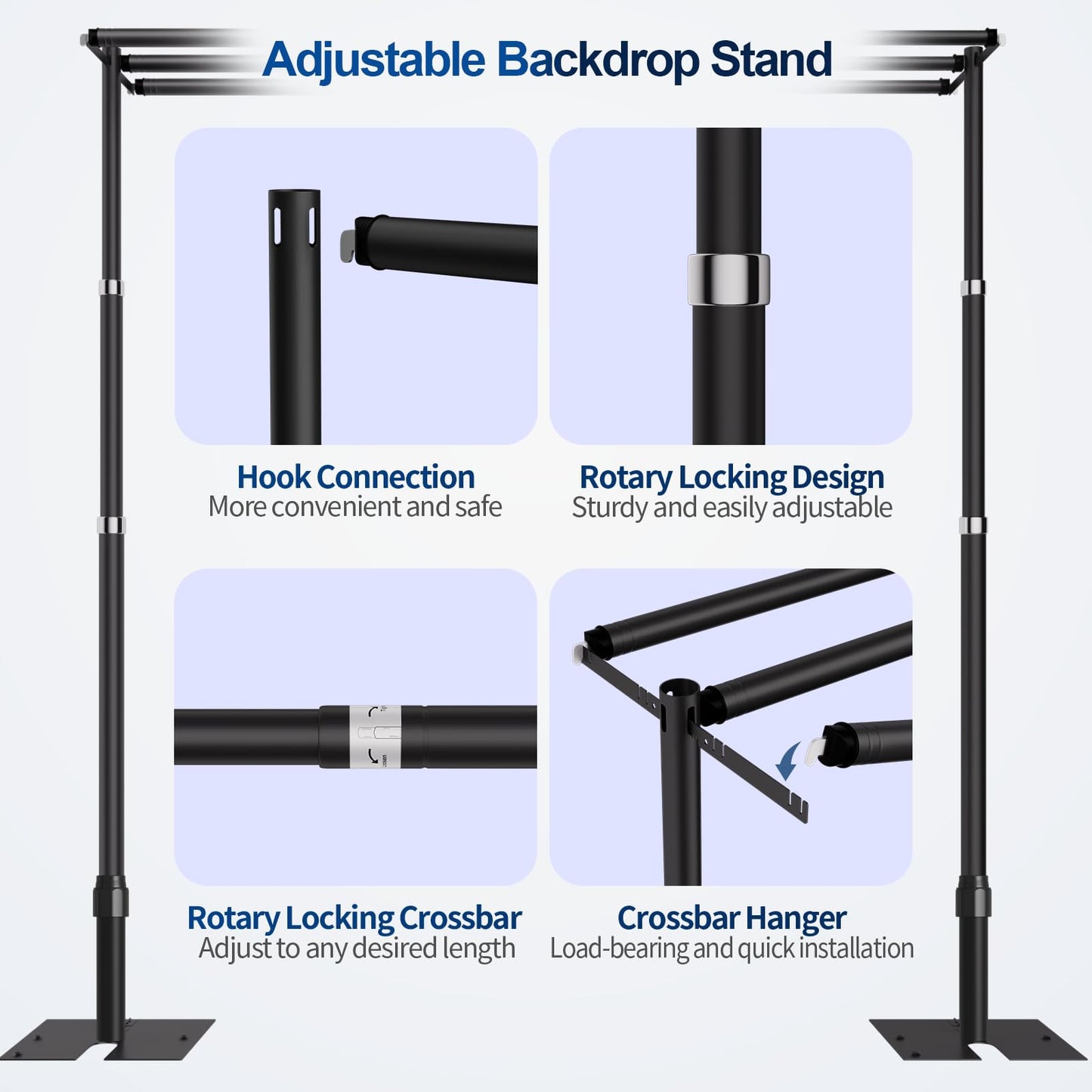 Qoolfoto 10x10ft Pipe and Drape Backdrop Stand, Three Crossbar, Heavy Duty Adjustable Background Frame with Metal Base for Parties Photography Wedding Photoshoot Decoration - Black