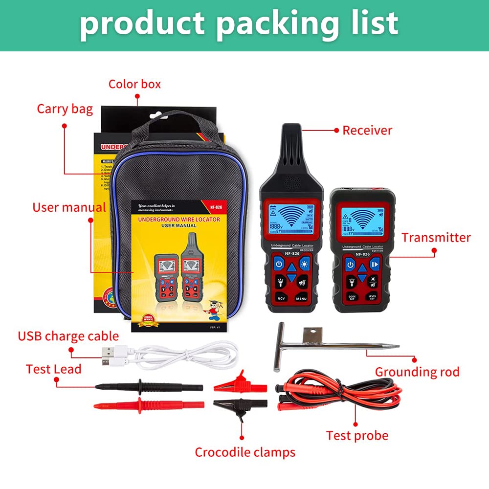 NOYAFA nf-826 Underground Cable Locator, Wire Tracking Detector, wall and Underground Pipeline Wire Detector. Fuse, Switch, Short Circuit Breaker Fault Finder/Rechargeable Underground Wire Detector