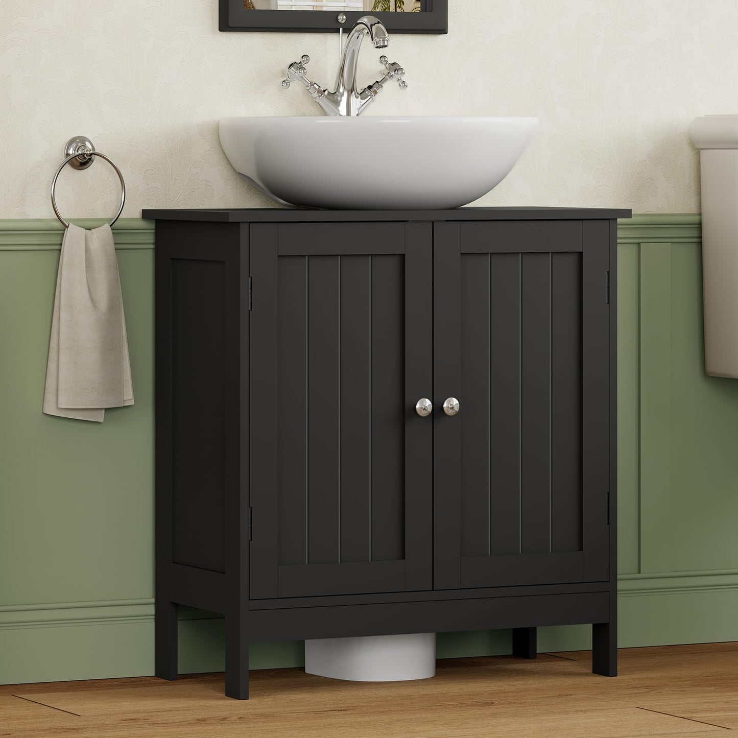 Iwell Pedestal Sink Storage Cabinet with 2 Doors and Shelf, Under Sink Cabinet, Bathroom Sink Cabinet with U-Shape, Black