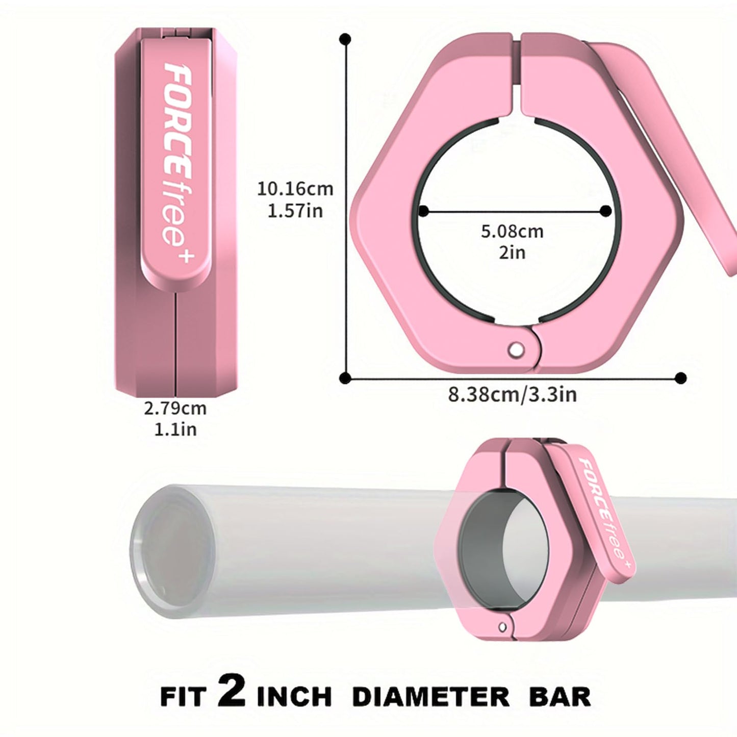 Forcefree+ Barbell Clips (Pair), Barbell Clamps, Quick Release Olympic Barbell Clamps with Anti Slip TPR Grip, Barbell Collars for Secure Weightlifting & Powerlifting (Non Magnetic, Pink)