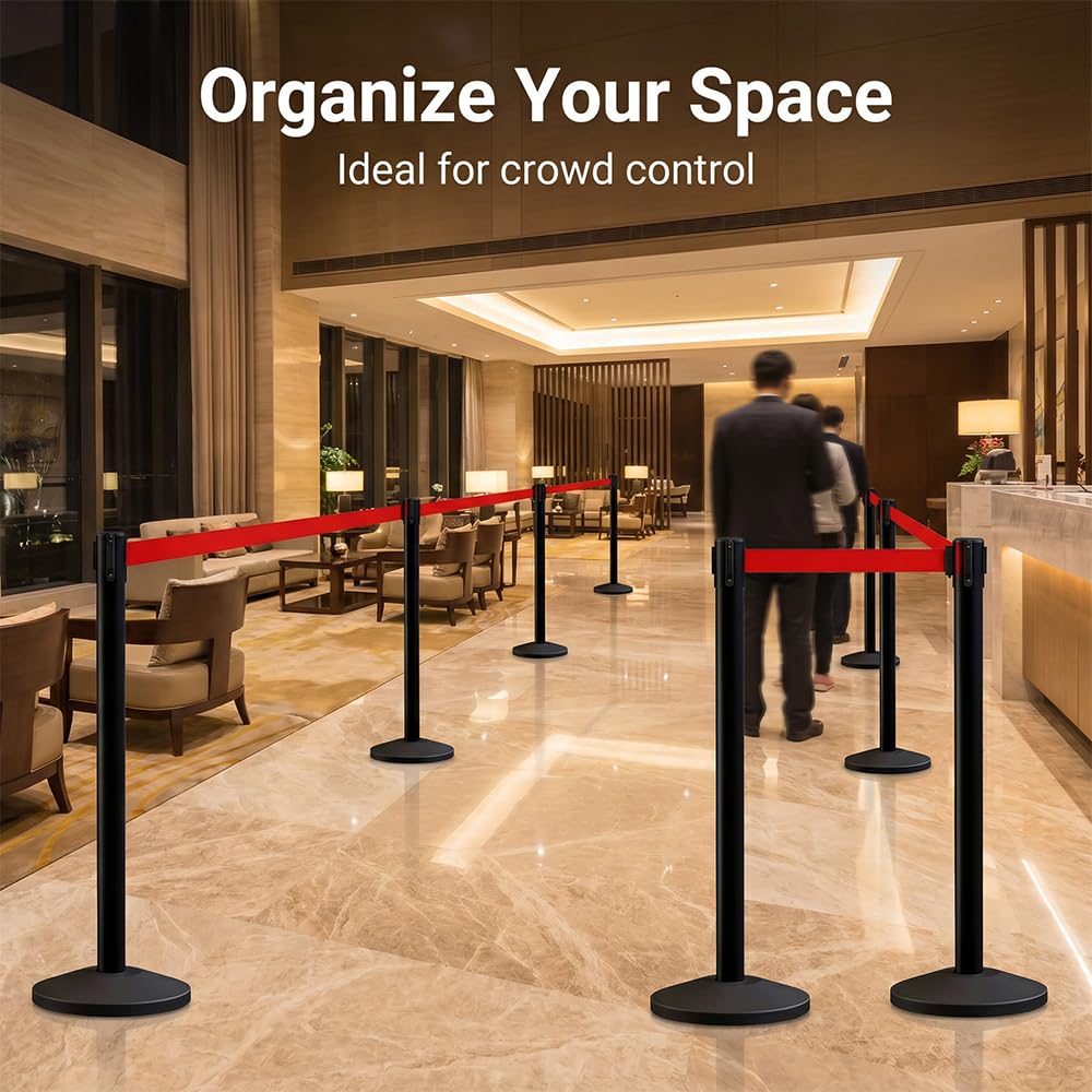 YIDELAI Crowd Control Stanchions Set of 4, Heavy Duty Black Queue Barrier Posts with Retractable Red Belt, Safety Barriers for Events, Retail, Bank, Airport, Theater