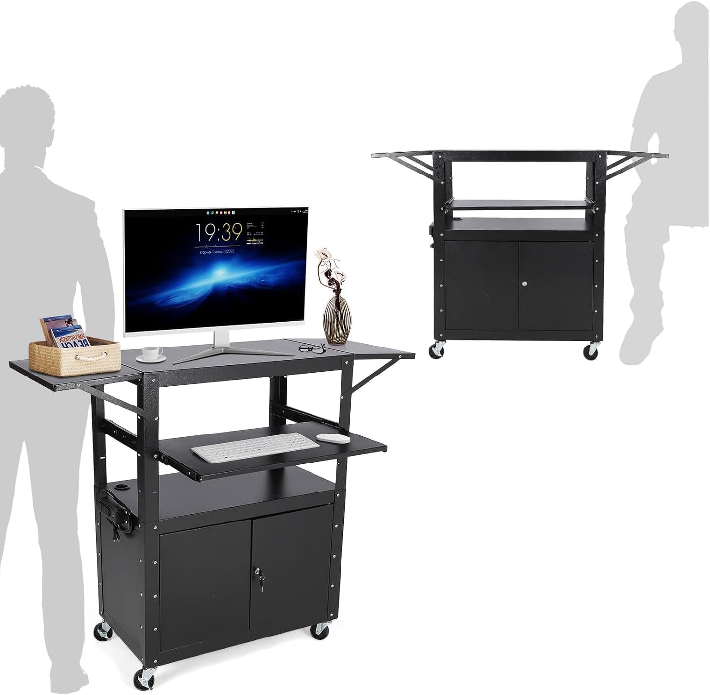 Rolling AV Cart with Locking Cabinet, Laptop Stand, and Drop Leaves, Height Adjustable Mobile Utility Cart Workstation with Extra Storage Space, Power Strip