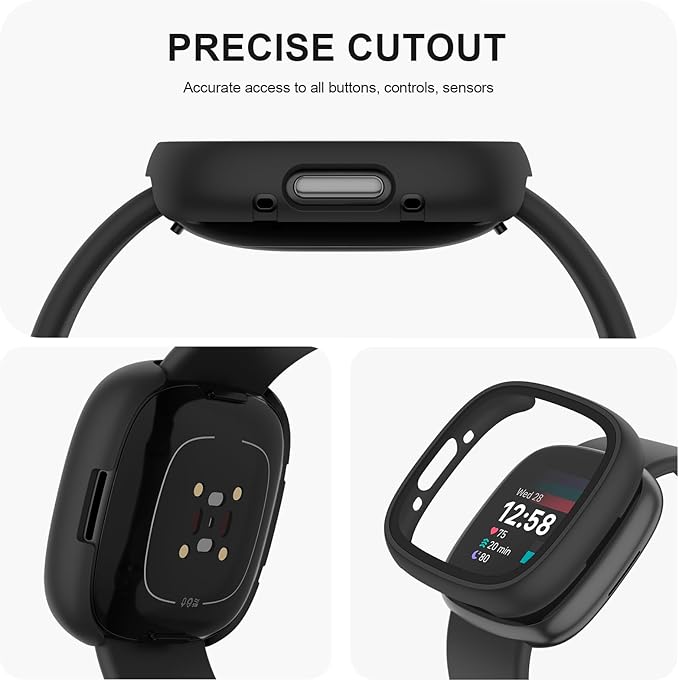 Vancle Case for Fitbit Versa 4 / Fitbit Sense 2, 4-Pack Screen Protector Tempered Glass Full Around Hard PC Case with Sensitive Touch Film Protective for Fitbit Sense 2 / Versa 4 (Black*4)