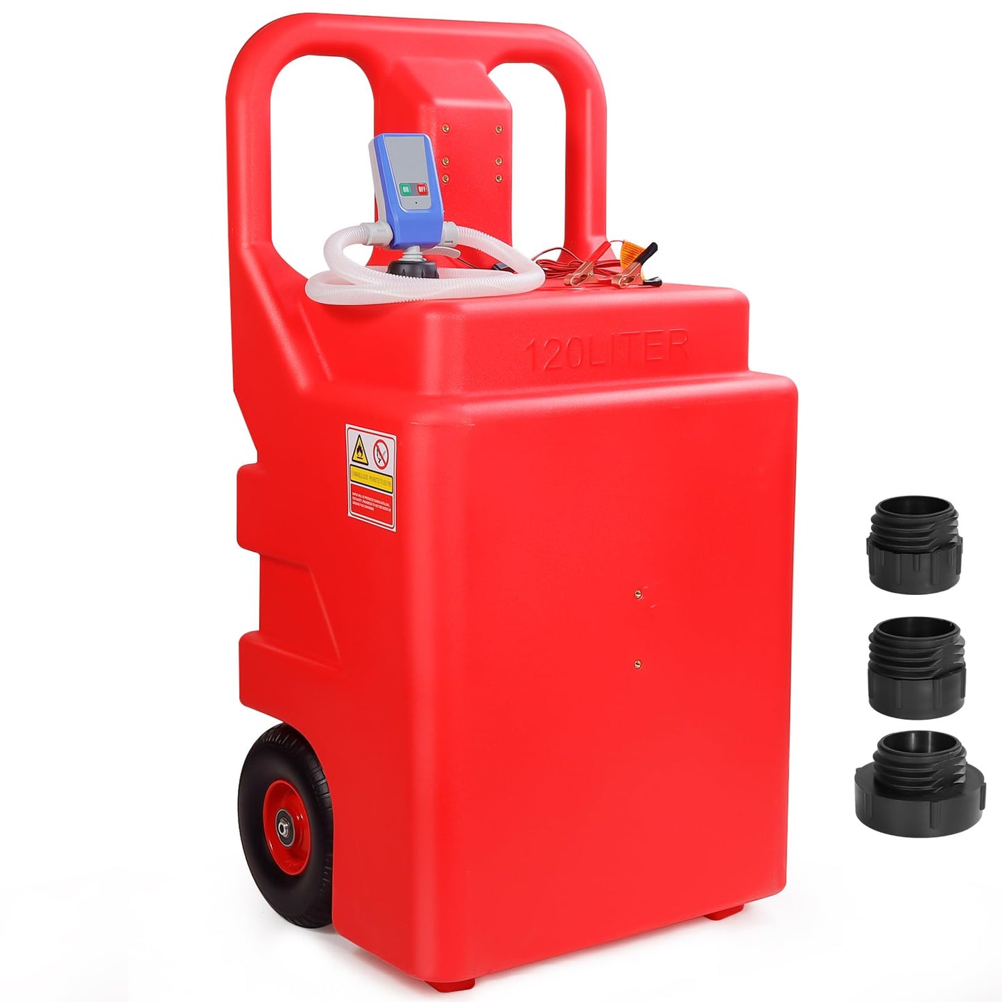 Automatic Fuel Transfer Pump with 32 Gallon Portable Fuel Caddy Tank, Auto-Stop Sensor Nozzle, AA Battery/12V DC 2 Power Modes, Tank Adapters, for Gasoline Diesel Fuel DEF Urea