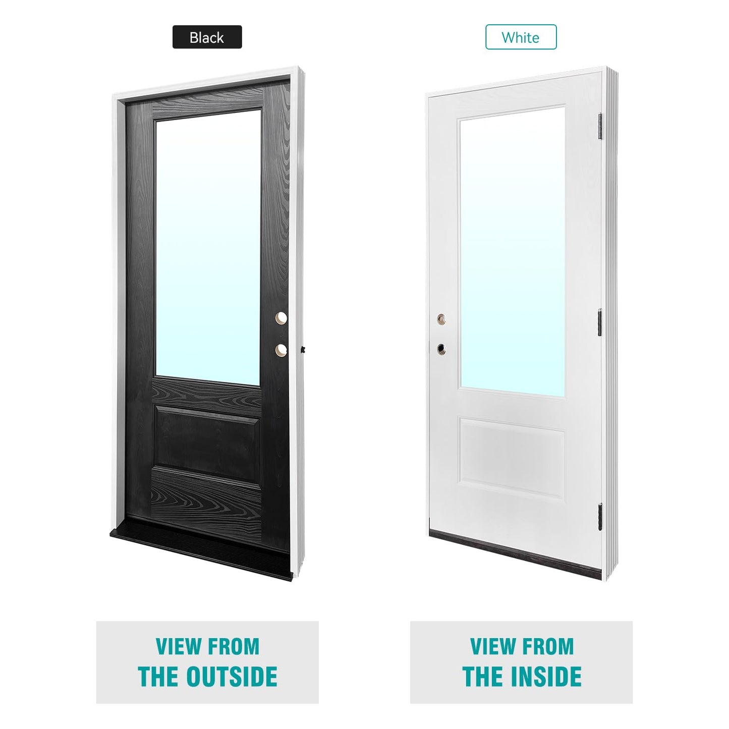 Black & White Dual Finish Fiberglass Entry Door, Prehung 36"x80" Exterior Door with 3/4 Lite Clear Glass, Brickmould & Trim Included, Left Hand Inswing