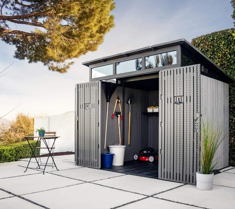 Lifetime 8.3 x 8.3 Ft Modern Outdoor Storage Shed with Clerestory Windows, Steel Reinforced, Lockable Doors, Adjustable Shelf and Wall Hooks, UV-Protected, Gray