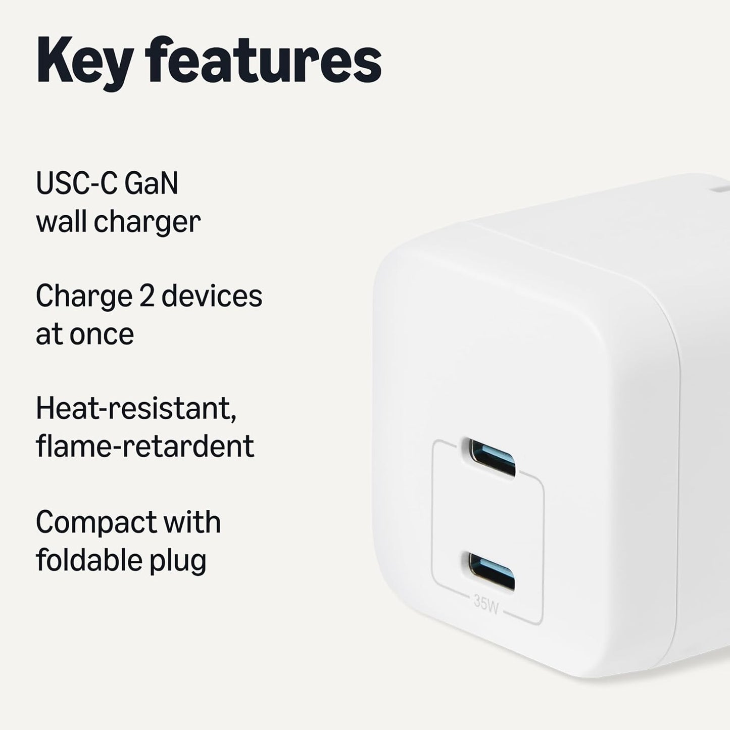 Amazon Basics 35W 2-Port 2 Fast Charging USB-C Nano GaN Wall Charger, for Phones, Tablets, Charge Devices