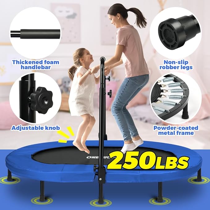 ONETWOFIT Kids Indoor Trampoline, 56" Foldable Mini Trampoline Rebounder with 5 Level Adjustable Handle Bar for 2 Childen Jumping Max Load 250 Lbs