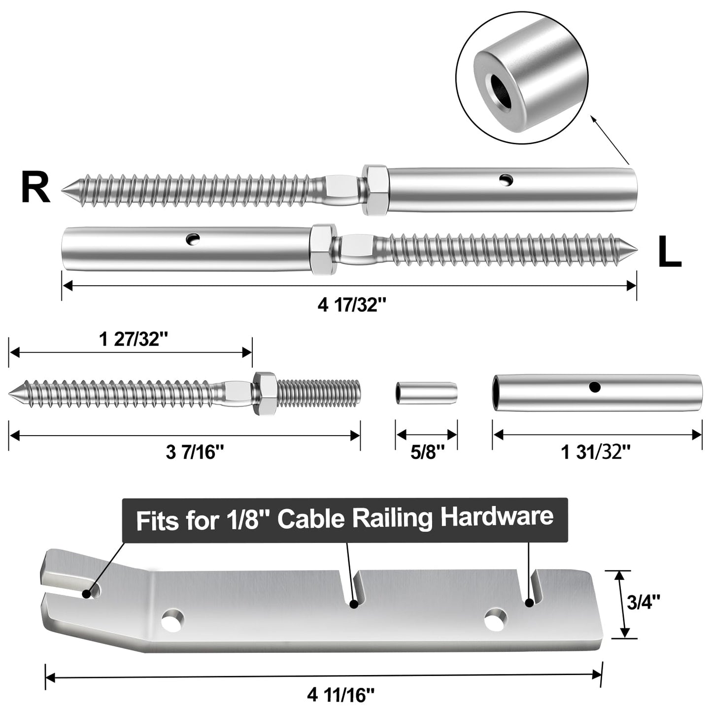 BLIKA 10 Pair 1/8" Invisible Crimp Cable Railing Swage Lag Screws, Right&Left Swage Lag Screws for Stair Cable Railing System, T316 Stainless Steel, Cable Railing Hardware, Invisible Crimp Fitting