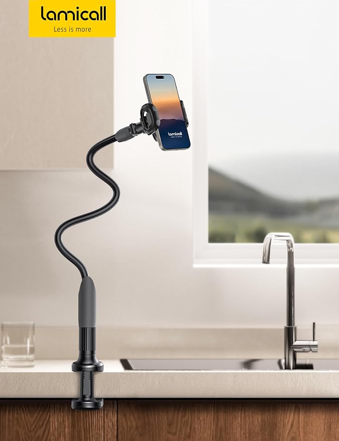 Lamicall Gooseneck Phone Holder for Bed - Cell Phone Mount Clamp Clip, Flexible Long Arm, Overhead Mount for Desk Headboard Bedside, Gifts for iPhone Air 17 Pro Max, 16 15 14 Pro Max and 4-7" Phone