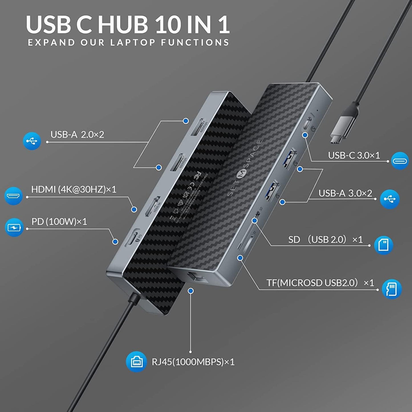 SETMSPACE 10 1 1000M, 100W, 3.0, 4 7.87in USB C Docking Station, Laptop Docking Station in with Ethernet USB C Hub